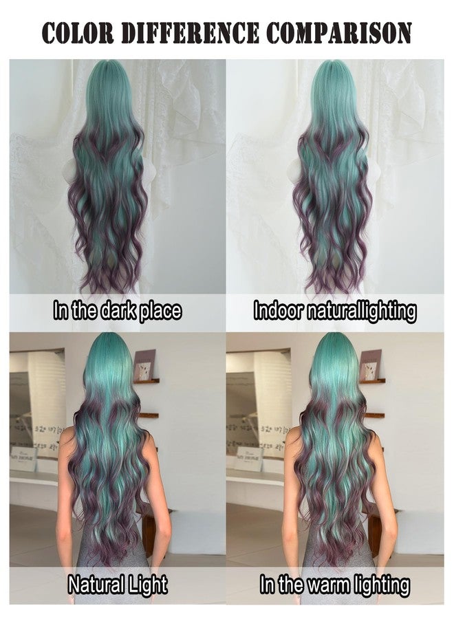 7JHH WIGS 31in Turquoise Long Wavy Bangs Purple Highlight Wigs Mixed Light Green Ombre Lavender Purple Heat Resistant Synthetic Fiber Women Wavy Curly Wigs for Christmas Daily Party Daily Used - Image 4